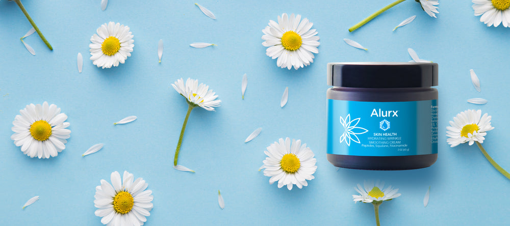 Home Page banner displaying Alurx Skin Health Hydrating Wrinkle Smoothing Cream against a light blue background with daisies. Headline: "Start Your Inside Out Beauty Ritual: Skin Health Made Simple" and button that links to the Skin Health Collection page. 
