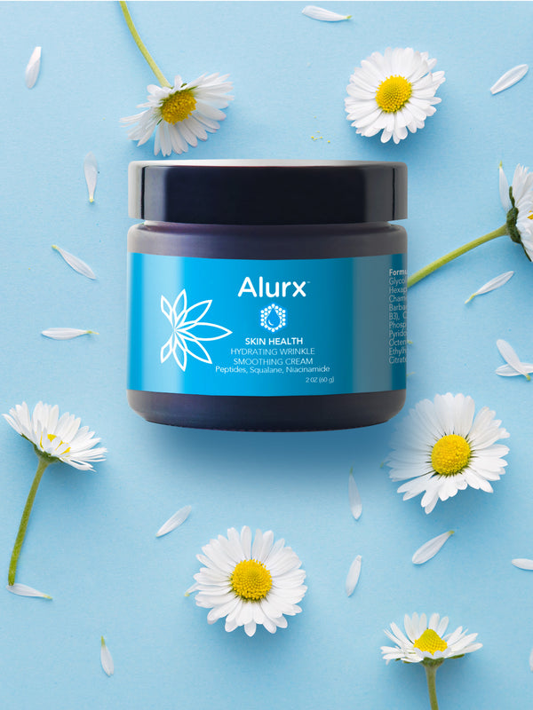 Mobile Home Page banner displaying Alurx Skin Health Hydrating Wrinkle Smoothing Cream against a light blue background with daisies. Headline: "Start Your Inside Out Beauty Ritual: Skin Health Made Simple" and button that links to the Skin Health Collection page. 