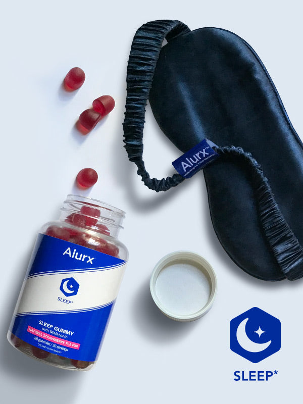 Alurx Sleep Collection - mobile phone version of the home page banner image showing the Sleep Ritual Set which includes the Sleep Gummy and Silk Sleep Mask 