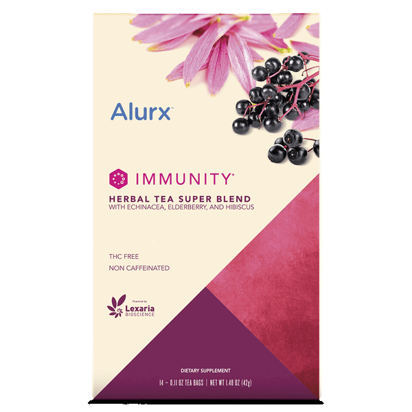 Alurx Immunity Herbal Tea Super Blend with Echinacea, Elderberry, and Hibiscus - image of the front of the box, which contains 14 0.11 oz tea bags.