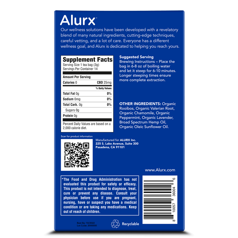 Alurx 5 Herbs Tea with CBD for sleep box supplement facts