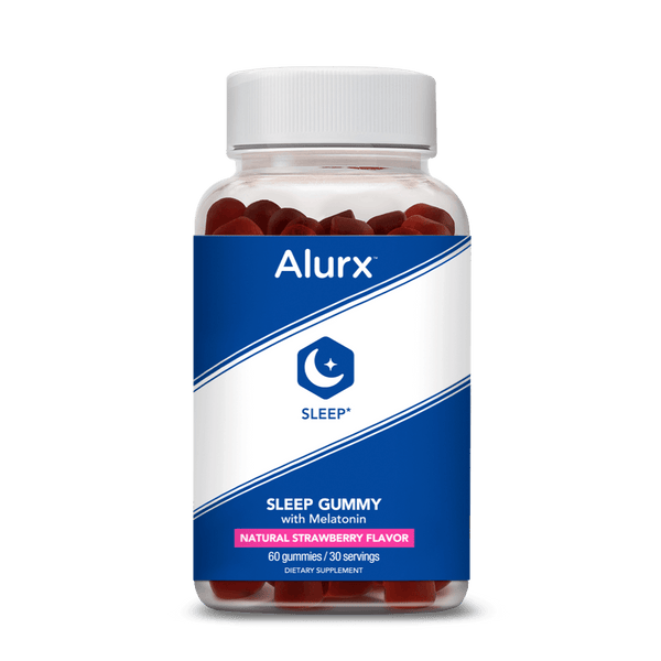 Image showing the front label of Alurx Melatonin Sleep Gummies natural Strawberry Flavor. 60 gummies/30 servings with natural melatonin.