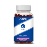 Image showing the front label of Alurx Melatonin Sleep Gummies natural Strawberry Flavor. 60 gummies/30 servings with natural melatonin.