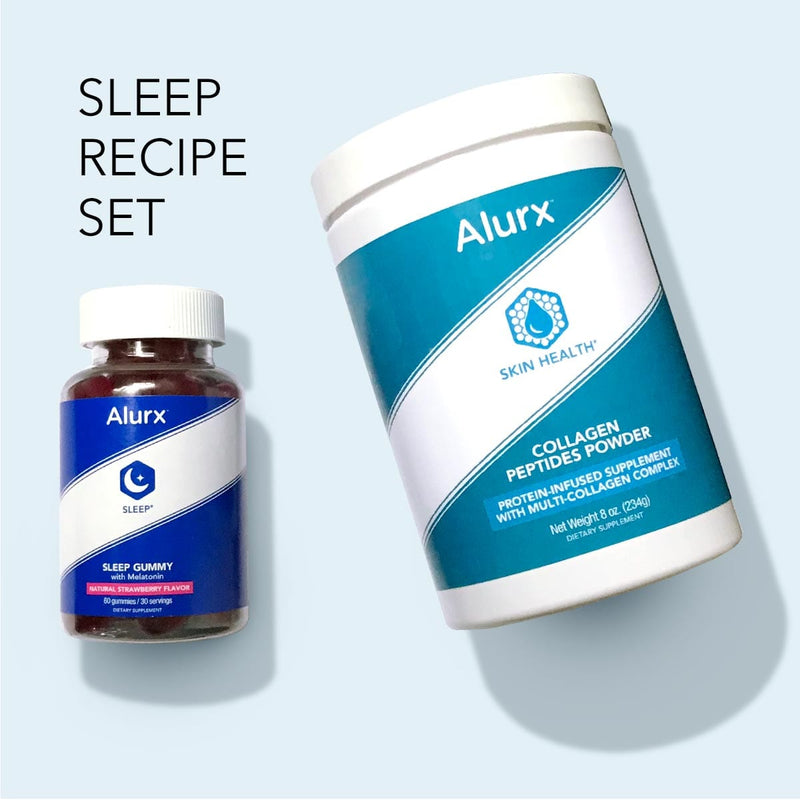 Sleep Recipe Set product image - square image on light blue background showing the Alurx Sleep Gummy with Melatonin and Collagen Peptides Powder products