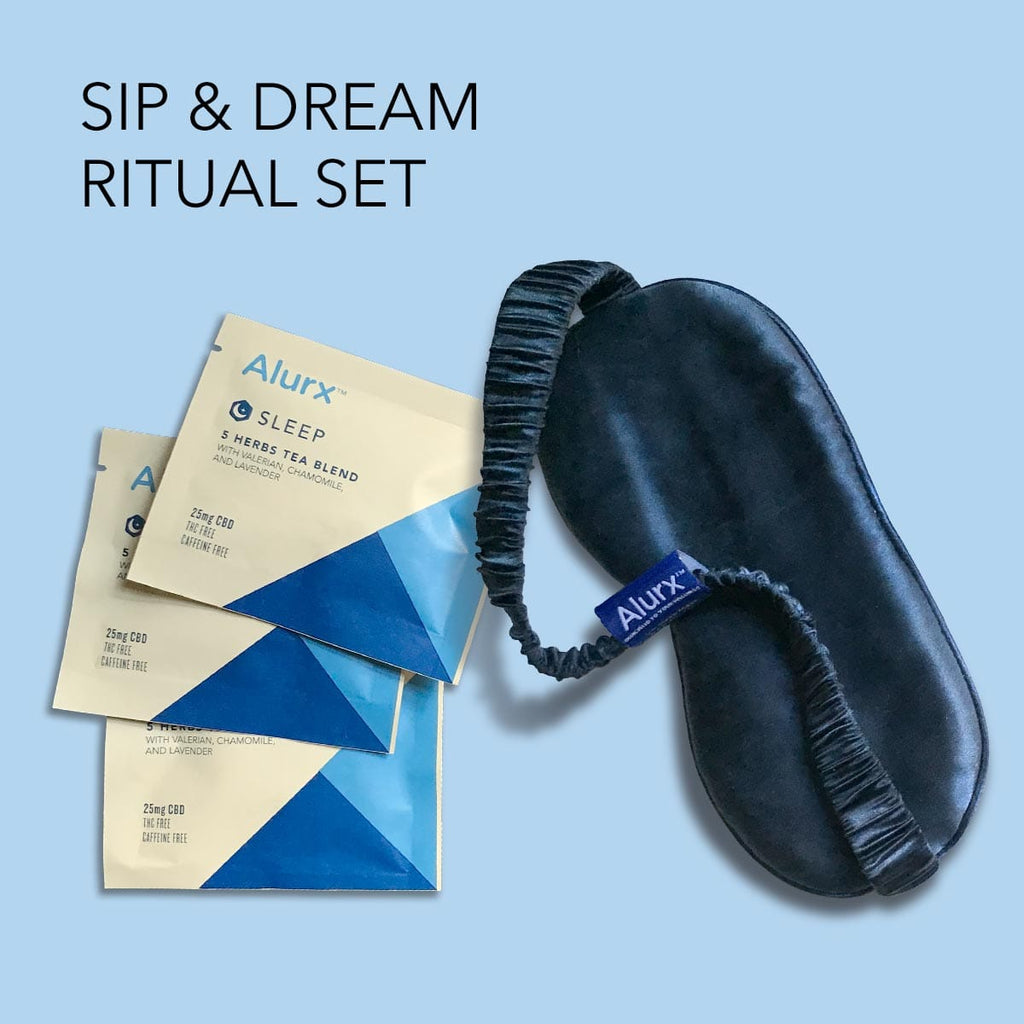 Main product image for Sip & Dream Ritual Set which includes Alurx Sleep 5 Herbs Hemp Tea Blend tea bags with valerian, chamomile, and lavender with Alurx 100% Silk Sleep Mask and Travel Pouch. The sleep mask and travel pouch is made of black silk.